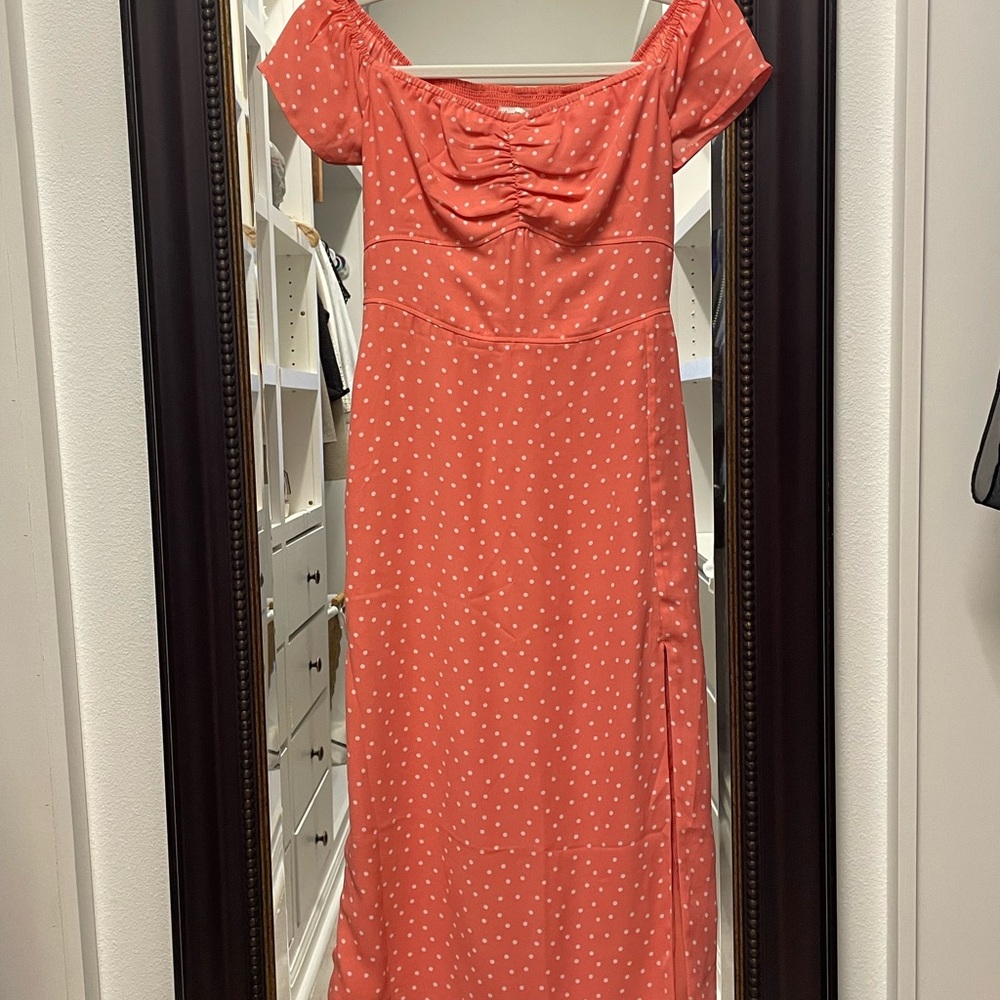Abercrombie Coral Polka Dot Off-Shoulder Milkmaid Dress
